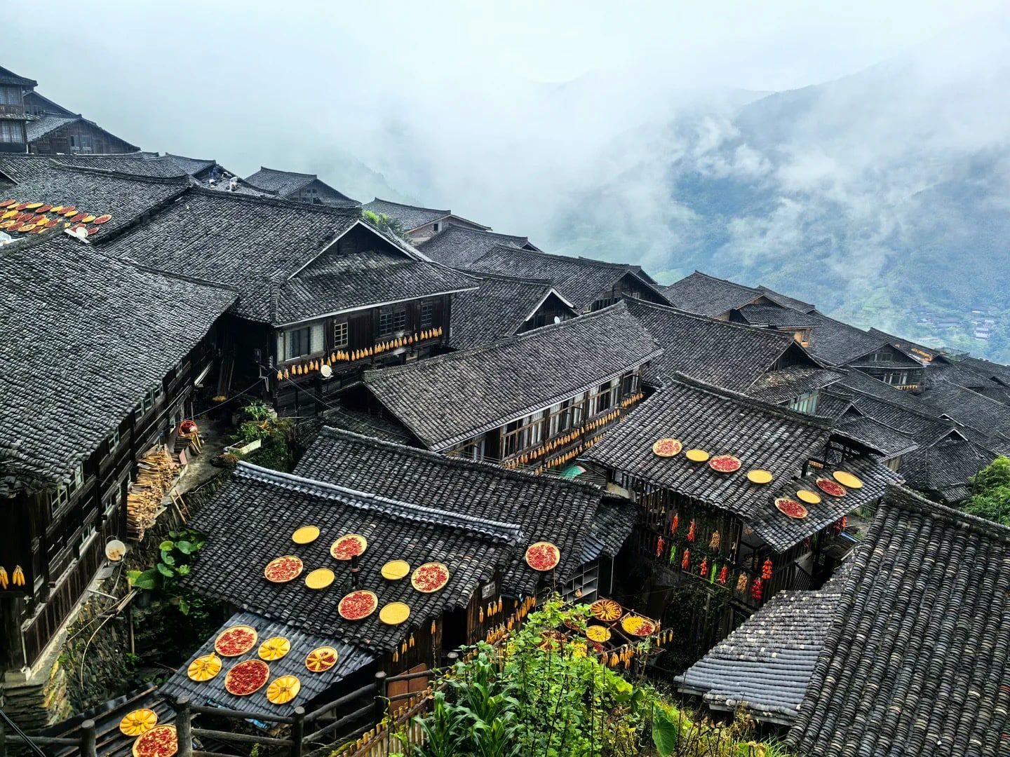 Dunkle Holzdächer des alten Zhuang-Dorfs, darauf runde Siebe mit trocknenden roten Chilis