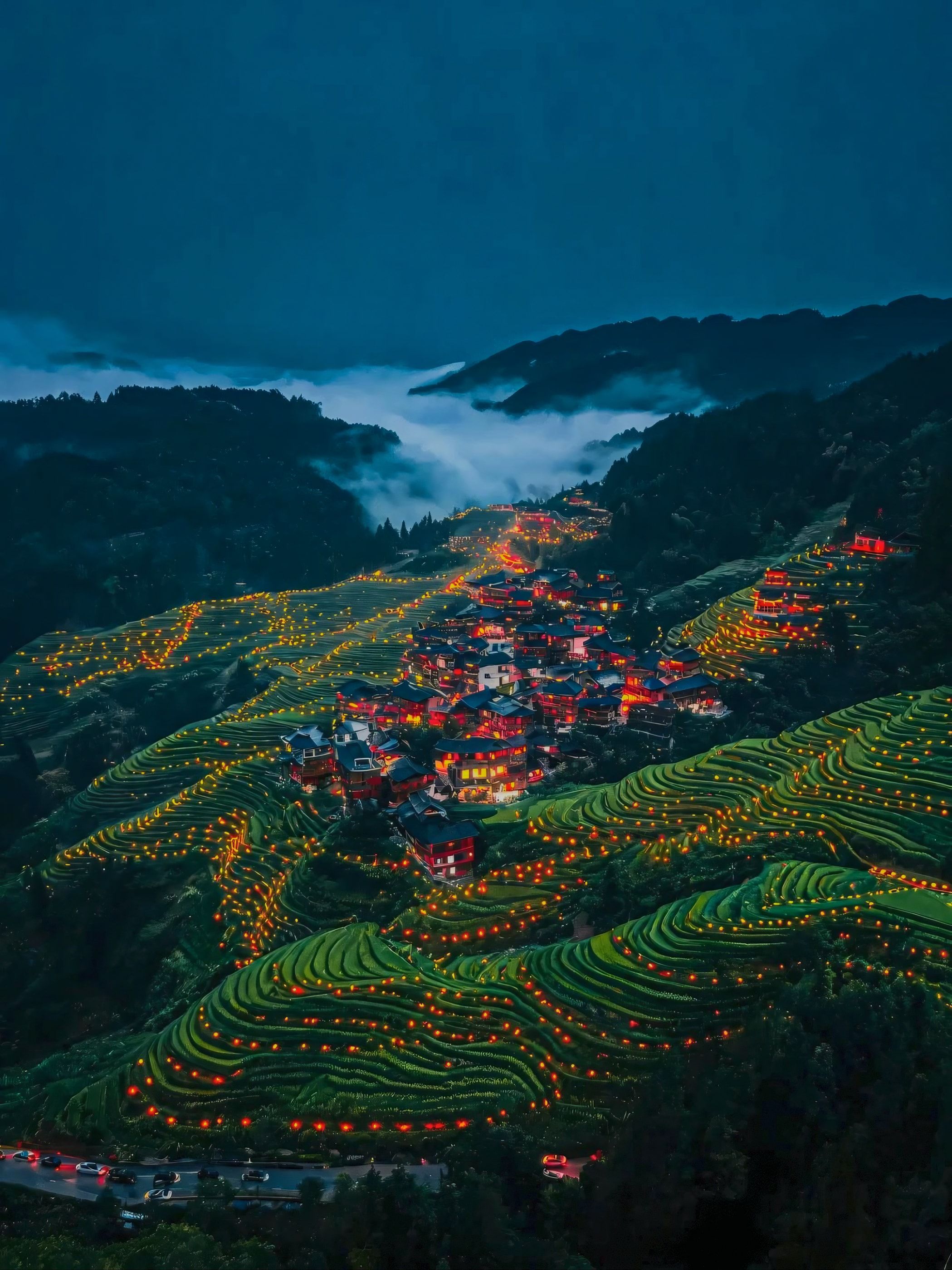 Ein Dorf am Hang, nachts erleuchtet, Reihen kleiner Lichter entlang der Terrassen und Wolken im Tal