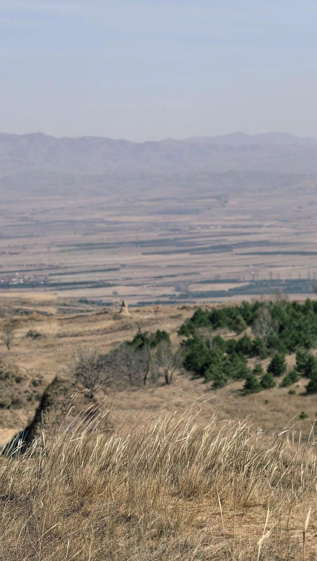 A low rammed-earth wall running along a dry grassy ridge towards a lone watchtower, the plain beyond