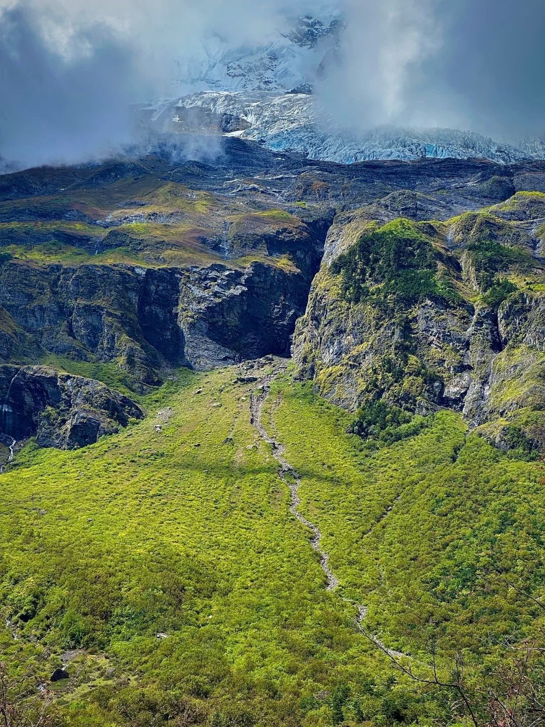 Ein steiler, leuchtend grüner Hang, durch den eine schmale steinige Spur zwischen dunklen Felsen zu einem Gletscher in den Wolken hinaufführt