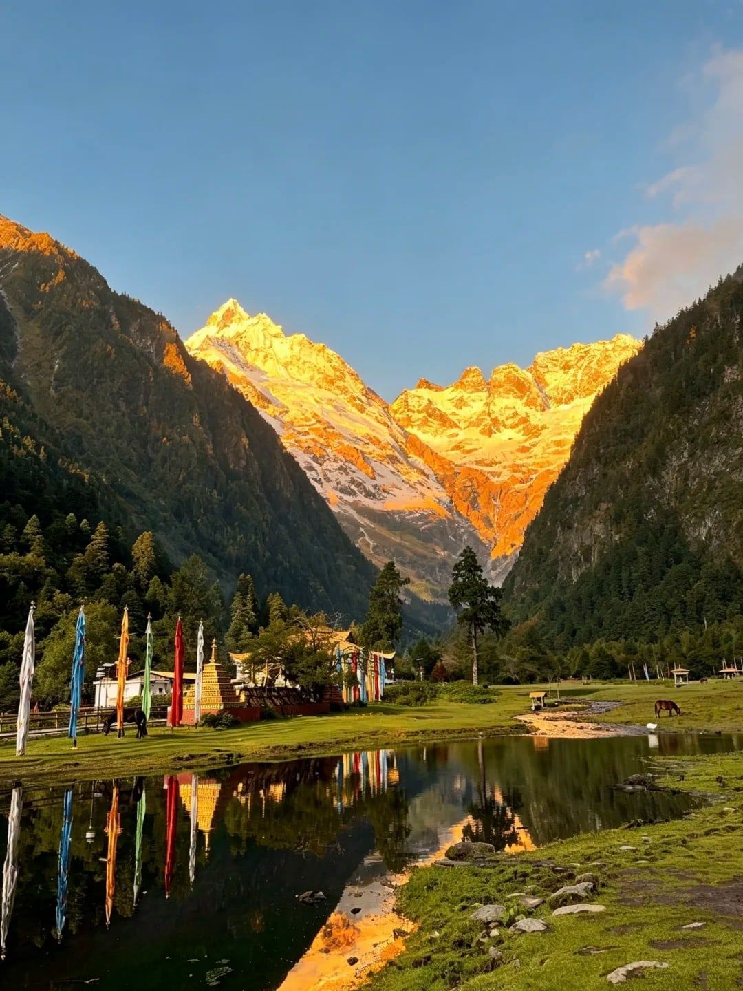 Ein Schneegipfel, golden im Morgenlicht über Yubeng, gespiegelt in einem Teich neben Gebetsfahnen