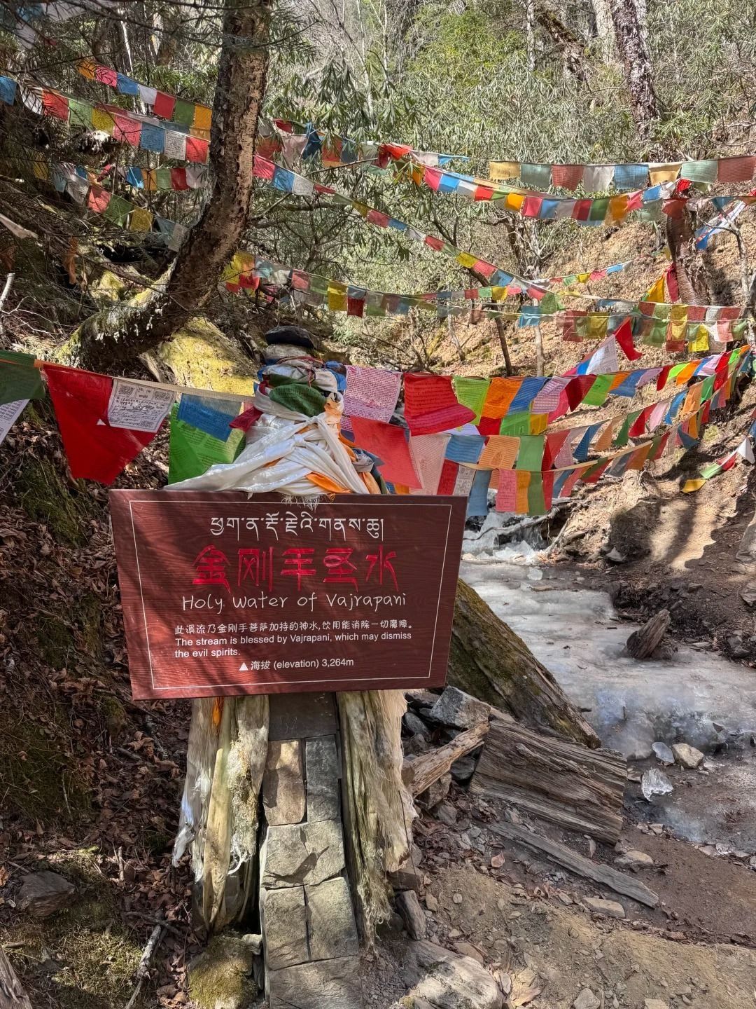 Das Schild „Holy Water of Vajrapani“ (3.264 m) an einem in weiße Schals gehüllten Pfosten unter dichten Gebetsfahnen, daneben ein halb gefrorener Bach