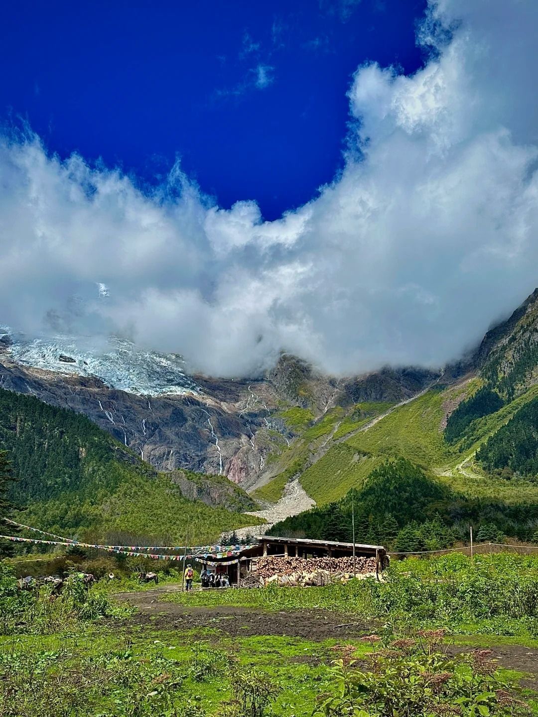 Eine Holzhütte mit großem Holzstapel auf einer grünen Wiese, dahinter ein Gletscher und Wasserfälle unter hohen weißen Wolken